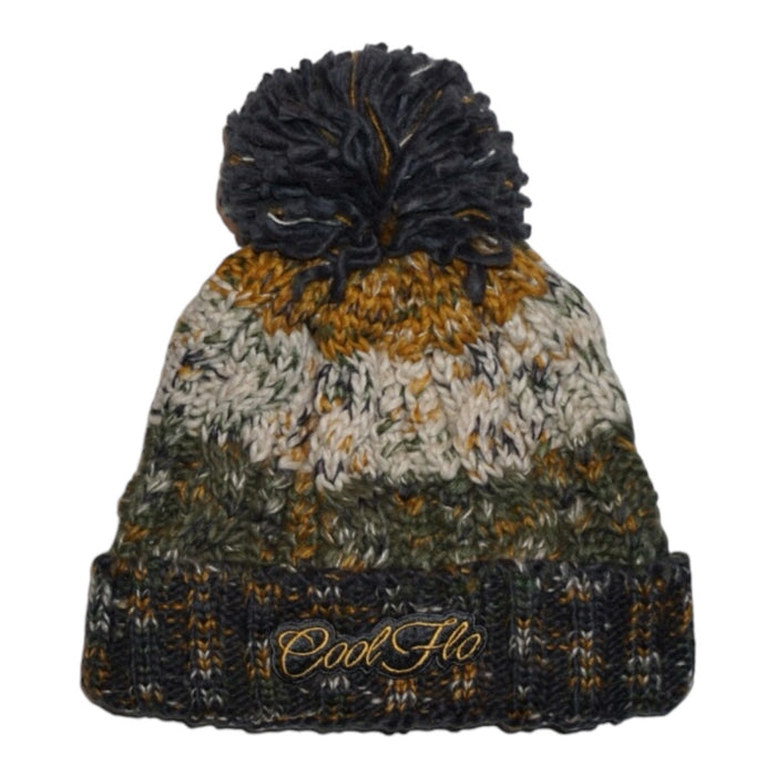 Chunky-knit bobble hat with script logo and pom pom.  Gold, green, grey and cream blended colours.