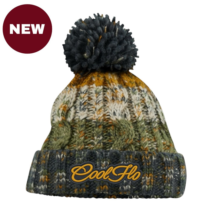 Chunky-knit bobble hat with script logo and pom pom.  Gold, green, grey and cream blended colours.