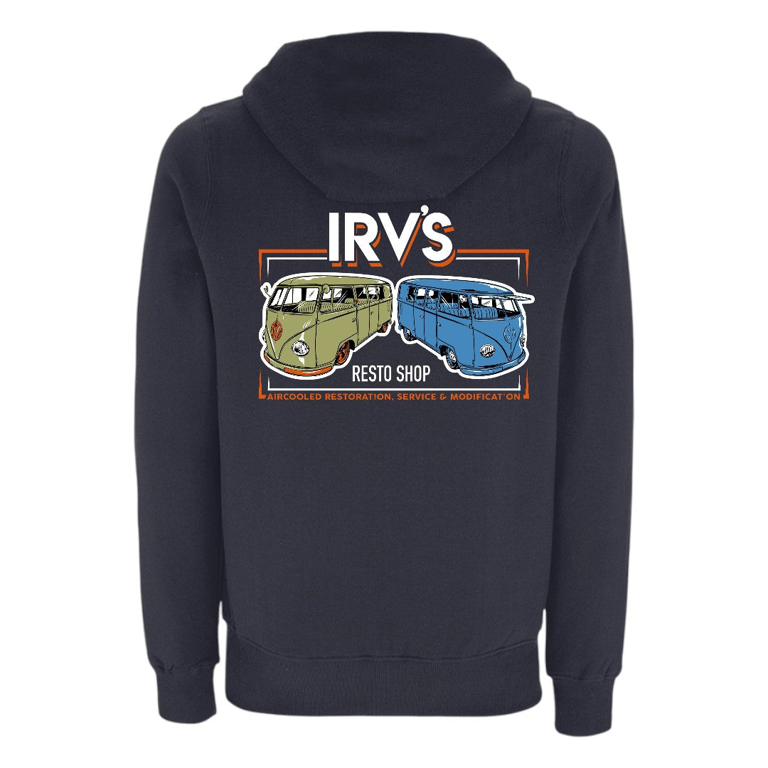 Navy hoody with IRV’s Resto Shop printed chest logo and green and blue Barndoor VW bus print on back - back view