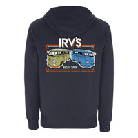 Navy hoody with IRV’s Resto Shop printed chest logo and green and blue Barndoor VW bus print on back - back view