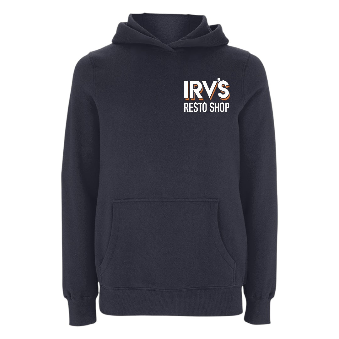 Navy hoody with IRV’s Resto Shop printed chest logo and green and blue Barndoor VW bus print on back - front view
