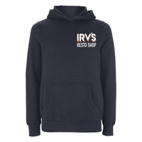 Navy hoody with IRV’s Resto Shop printed chest logo and green and blue Barndoor VW bus print on back - front view