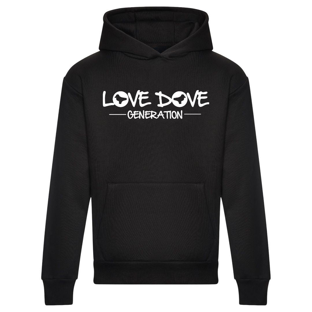 Classic Black Hoody with Love Dove Generation logo printed  in white across the chest  - from the DJ Billy Daniel Bunter/Cool Flo Col-Lab Collection