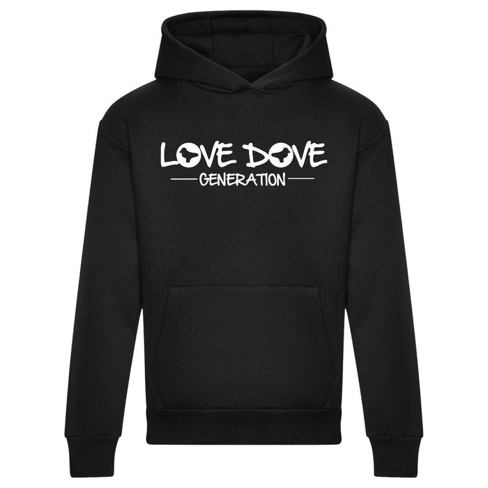 Classic Black Hoody with Love Dove Generation logo printed  in white across the chest  - from the DJ Billy Daniel Bunter/Cool Flo Col-Lab Collection