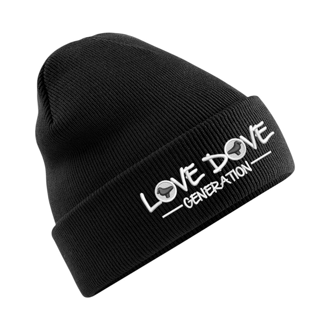 Black Billy Bunter beanie hat with an embroidered Love Dove Generation white and black logo on the cuff.