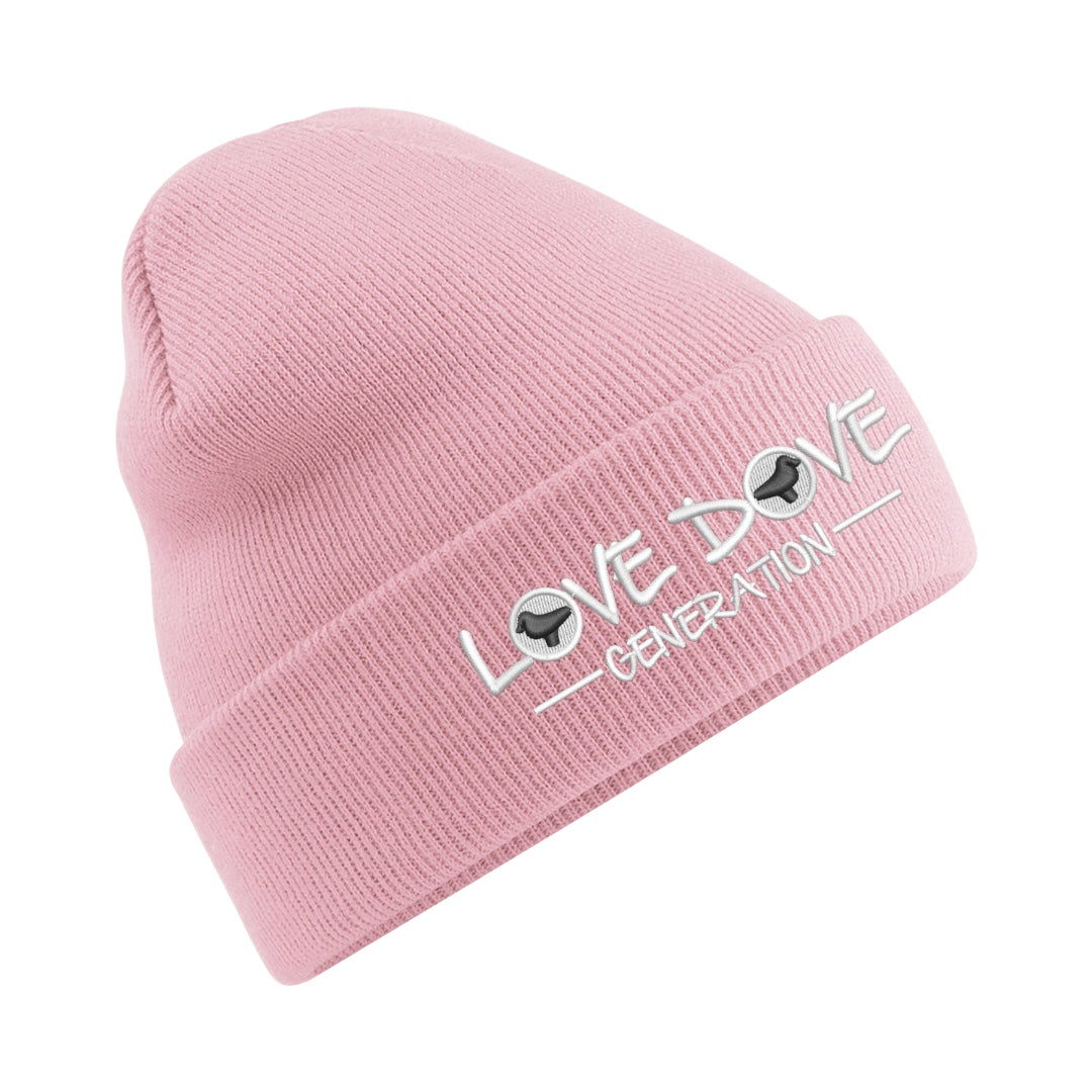 Pink Billy Bunter beanie hat with an embroidered Love Dove Generation white and black logo on the cuff.