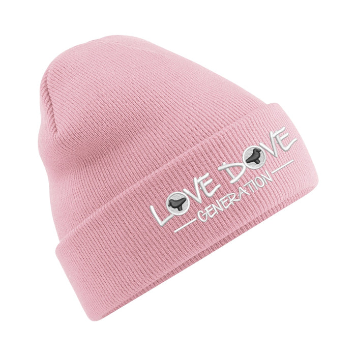 Pink Billy Bunter beanie hat with an embroidered Love Dove Generation white and black logo on the cuff.