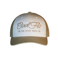 Cool Flo khaki and white trucker cap with khaki embroidered logo and 'On the road since '89' design.