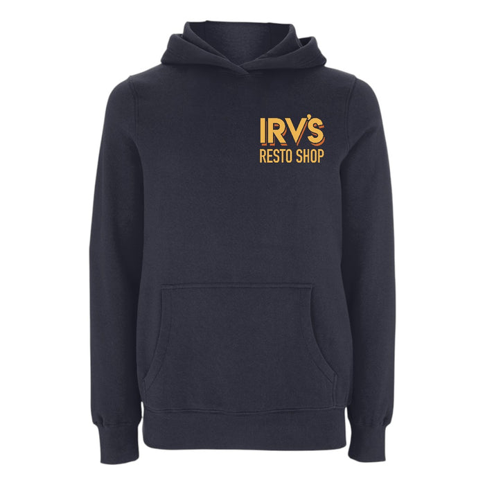 Navy hoody with IRV’s Restos Shop chest logo and yellow/orange Bearded Logo back print - front view