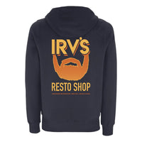 Navy hoody with IRV’s Restos Shop chest logo and yellow/orange Bearded Logo back print - back view