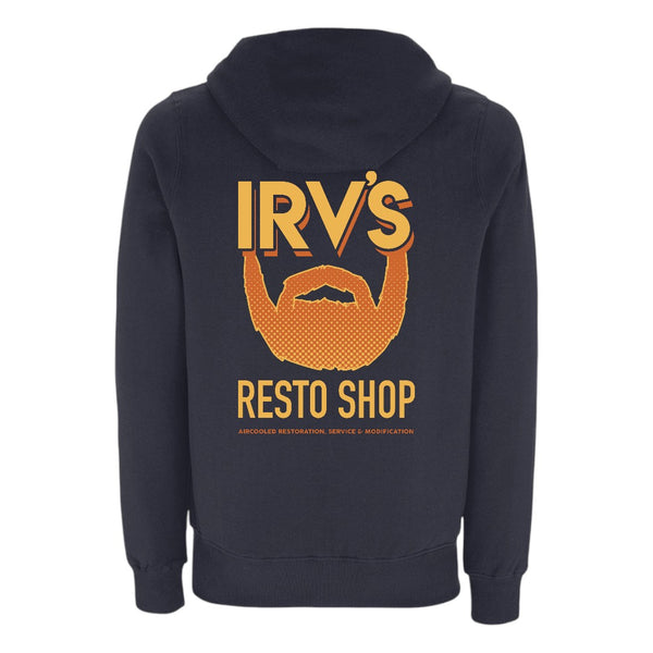 Navy hoody with IRV’s Restos Shop chest logo and yellow/orange Bearded Logo back print - back view