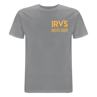 Grey t-shirt with IRV’s Restos Shop chest logo and yellow/orange Bearded Logo back print - front view