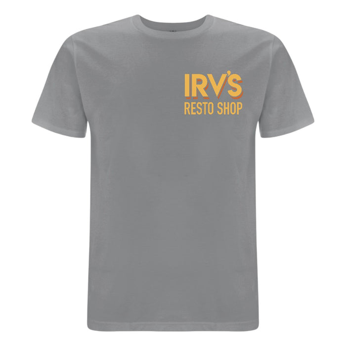 Grey t-shirt with IRV’s Restos Shop chest logo and yellow/orange Bearded Logo back print - front view