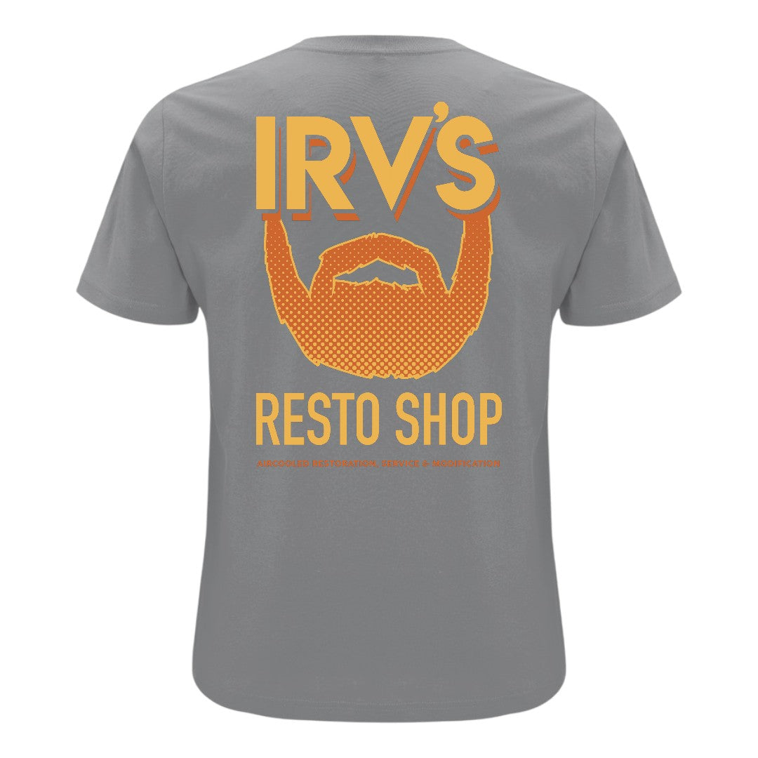 Grey t-shirt with IRV’s Restos Shop chest logo and yellow/orange Bearded Logo back print - back view