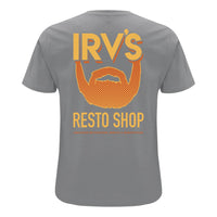Grey t-shirt with IRV’s Restos Shop chest logo and yellow/orange Bearded Logo back print - back view