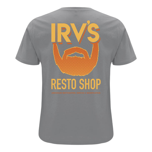 Grey t-shirt with IRV’s Restos Shop chest logo and yellow/orange Bearded Logo back print - back view
