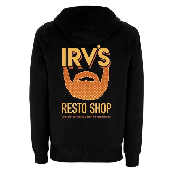 Black hoody with IRV’s Restos Shop chest logo and yellow/orange Bearded Logo back print - back view