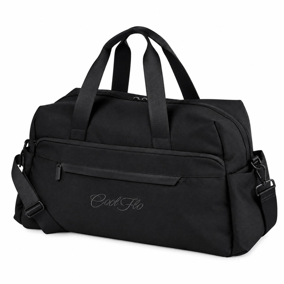 A black weekender bag with dual top handles, a front zippered pocket, and a detachable shoulder strap, featuring the script brand name 'Cool Flo' embroidered on the front, set against a plain white background.