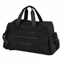 A black weekender bag with dual top handles, a front zippered pocket, and a detachable shoulder strap, featuring the script brand name 'Cool Flo' embroidered on the front, set against a plain white background.