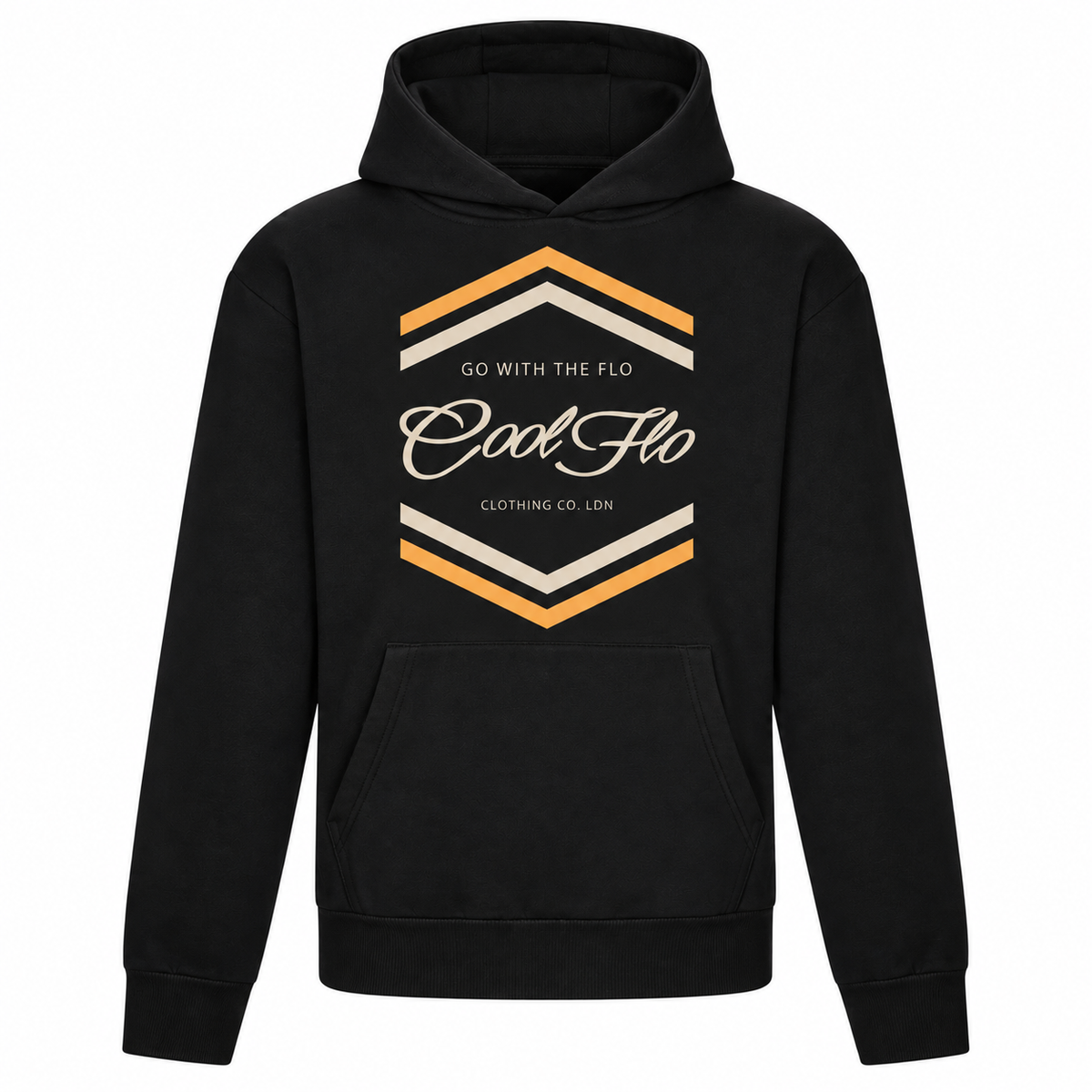 Cool Flo Chevron black hoodie with cream and yellow chest print