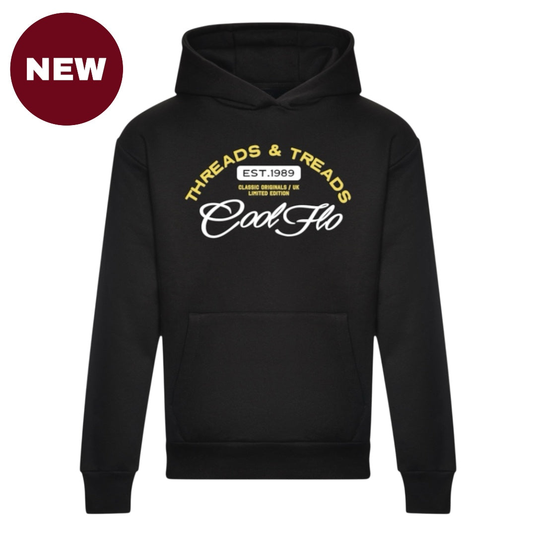 'NEW' Black hoody with a Cool Flo Threads & Treads print in white and yellow.
