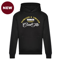 'NEW' Black hoody with a Cool Flo Threads & Treads print in white and yellow.