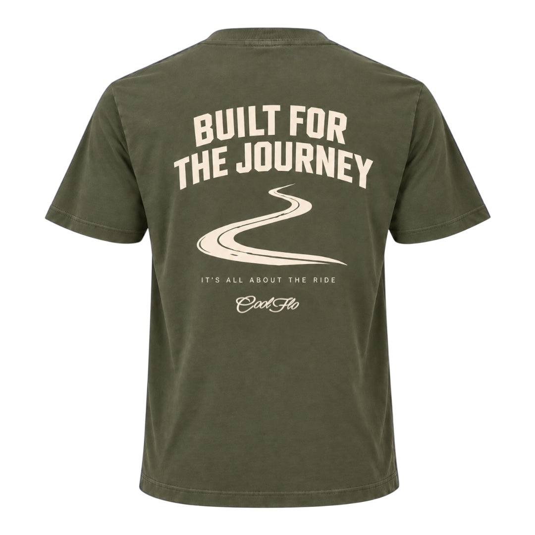 Back view of Cool Flo khaki t-shirt, featuring a cream graphic print with the text 'BUILT FOR THE JOURNEY', a winding road illustration, followed by 'IT'S ALL ABOUT THE RIDE' strapline and a Cool Flo script logo.