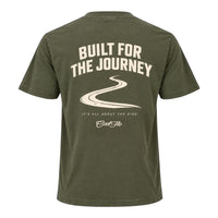 Back view of Cool Flo khaki t-shirt, featuring a cream graphic print with the text 'BUILT FOR THE JOURNEY', a winding road illustration, followed by 'IT'S ALL ABOUT THE RIDE' strapline and a Cool Flo script logo.