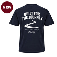 'NEW' Back view of Cool Flo navy t-shirt, featuring a white graphic print with the text 'BUILT FOR THE JOURNEY', a winding road illustration, followed by 'IT'S ALL ABOUT THE RIDE' strapline and a Cool Flo script logo.