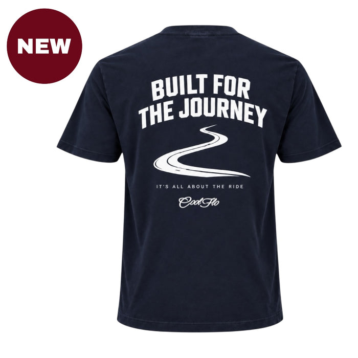 'NEW' Back view of Cool Flo navy t-shirt, featuring a white graphic print with the text 'BUILT FOR THE JOURNEY', a winding road illustration, followed by 'IT'S ALL ABOUT THE RIDE' strapline and a Cool Flo script logo.