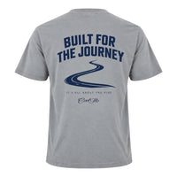 Back view of Cool Flo grey t-shirt, featuring a navy graphic print with the text 'BUILT FOR THE JOURNEY', a winding road illustration, followed by 'IT'S ALL ABOUT THE RIDE' strapline and a Cool Flo script logo.
