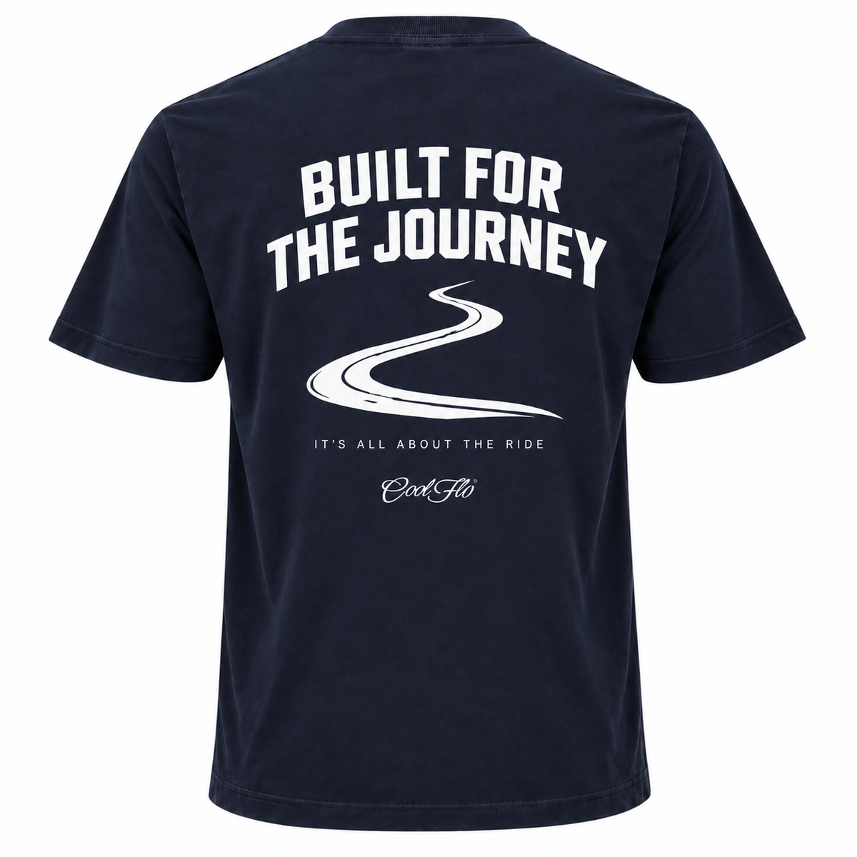 Back view of Cool Flo navy t-shirt, featuring a white graphic print with the text 'BUILT FOR THE JOURNEY', a winding road illustration, followed by 'IT'S ALL ABOUT THE RIDE' strapline and a Cool Flo script logo.