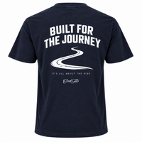 Back view of Cool Flo navy t-shirt, featuring a white graphic print with the text 'BUILT FOR THE JOURNEY', a winding road illustration, followed by 'IT'S ALL ABOUT THE RIDE' strapline and a Cool Flo script logo.