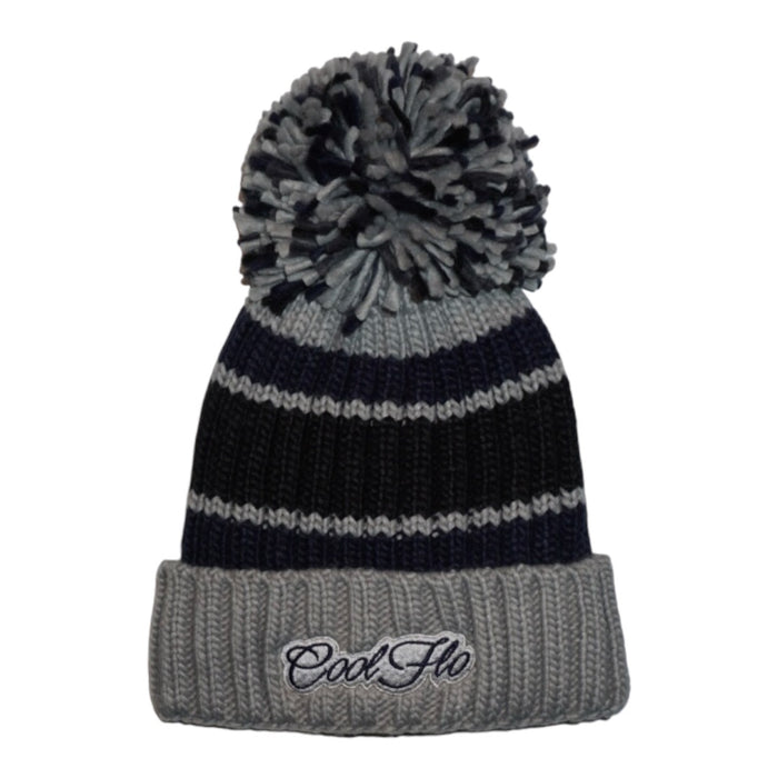 Chunky-knit bobble hat with script logo and large pom pom. Navy blue and grey.