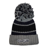 Chunky-knit bobble hat with script logo and large pom pom. Navy blue and grey.