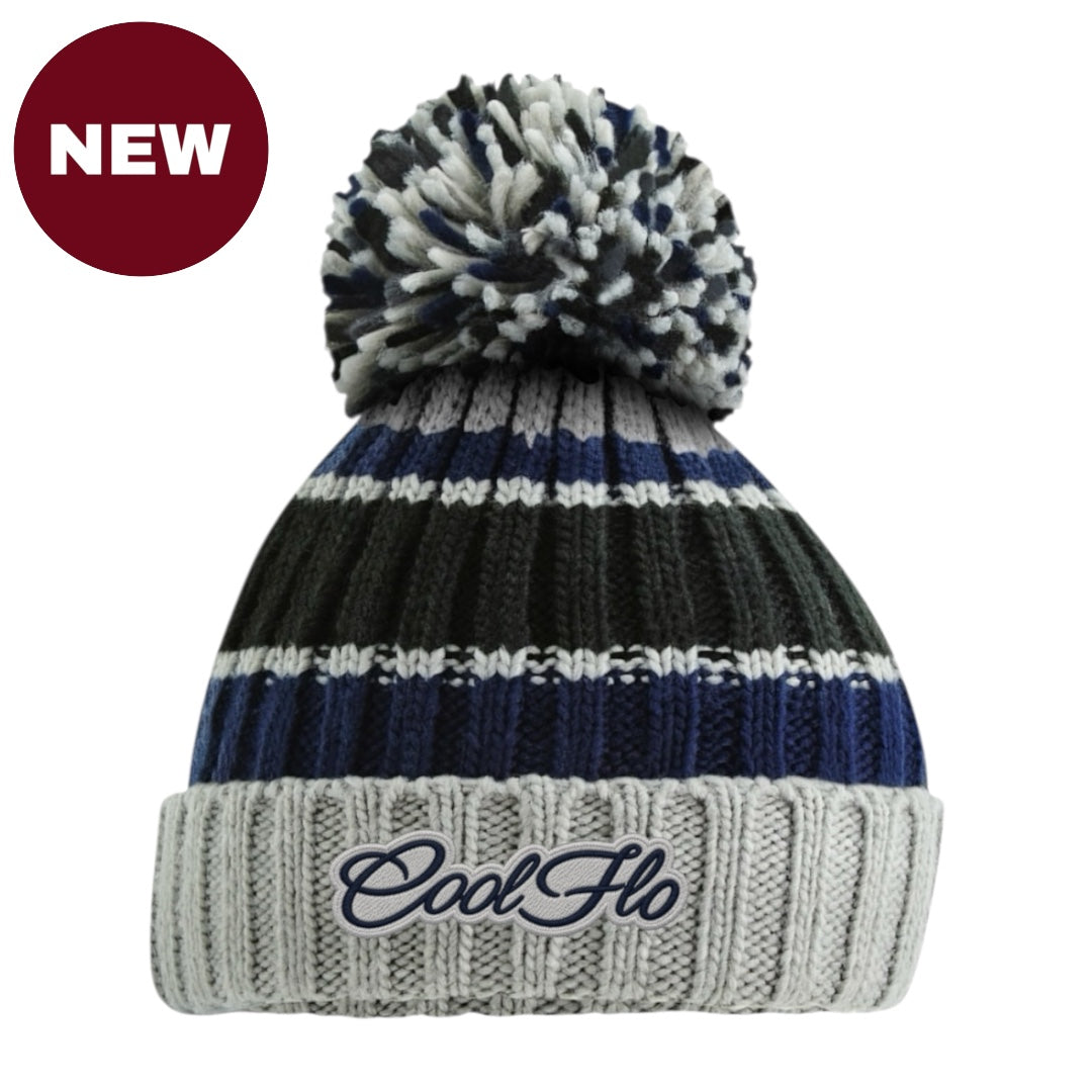 Chunky-knit bobble hat with script logo and large pom pom. Navy blue and grey.