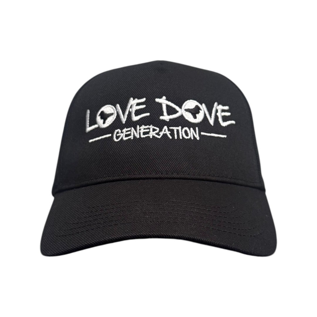 Black baseball cap with embroidered white 'Love Dove Generation' on the front_front view.