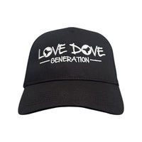 Black baseball cap with embroidered white 'Love Dove Generation' on the front_front view.