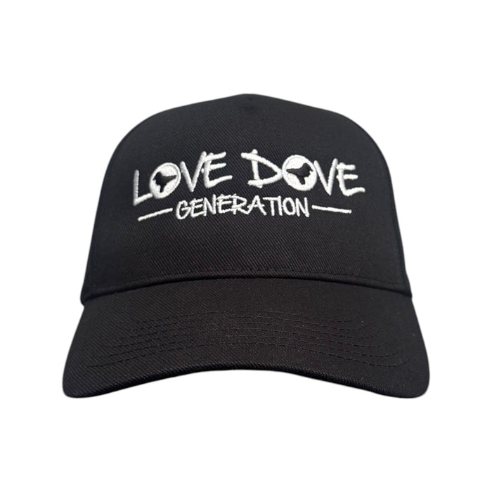 Black baseball cap with embroidered white 'Love Dove Generation' on the front_front view.