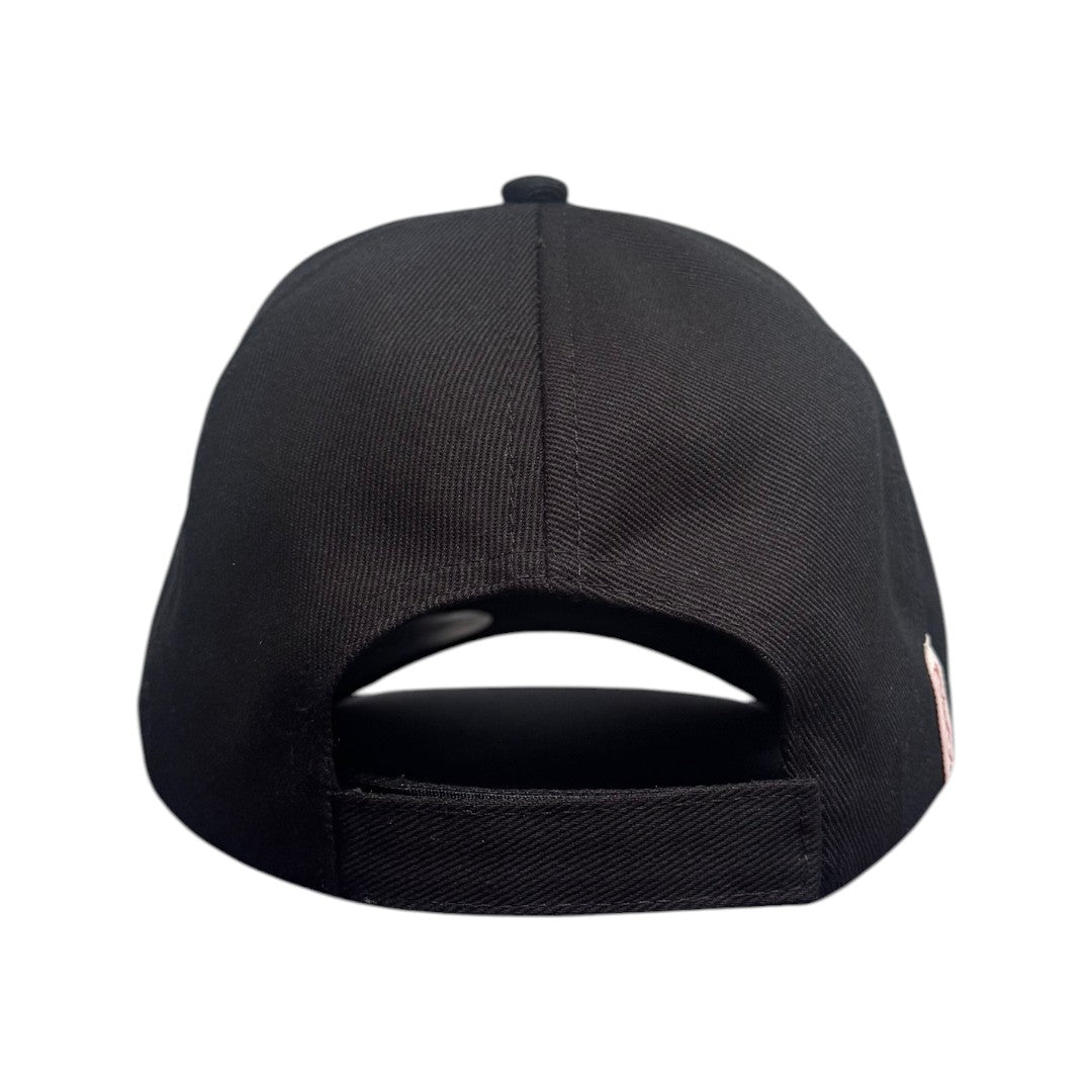 Black baseball cap with embroidered white 'Love Dove Generation' on the front.  Rip-Strip™ size adjuster for the perfect fit - rear view.