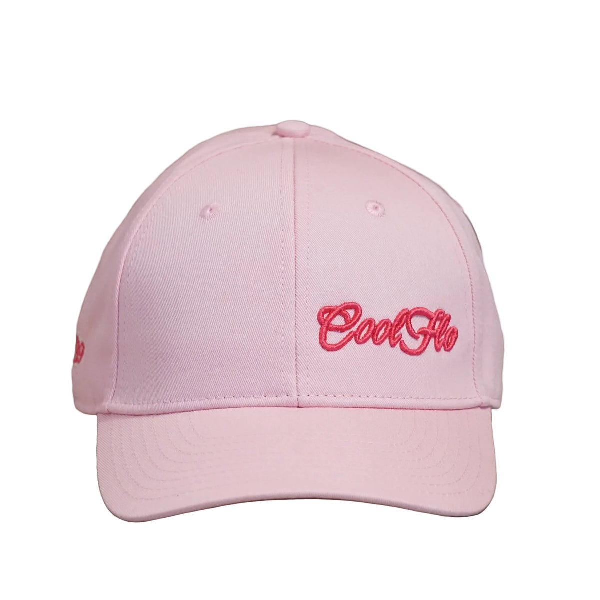 Front view of a Cool Flo Pink baseball cap featuring an embroidered Mini Script logo positioned on the front left panel
