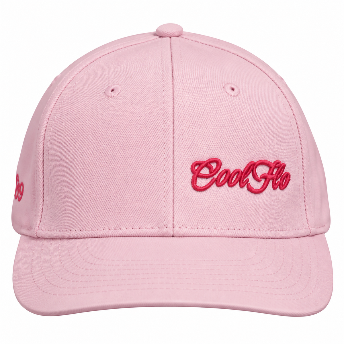 Front view of a Cool Flo Pink baseball cap featuring an embroidered Mini Script logo positioned on the front left panel.