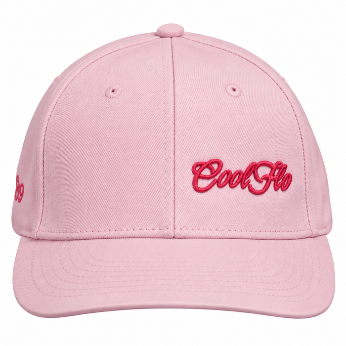 Front view of a Cool Flo Pink baseball cap featuring an embroidered Mini Script logo positioned on the front left panel.
