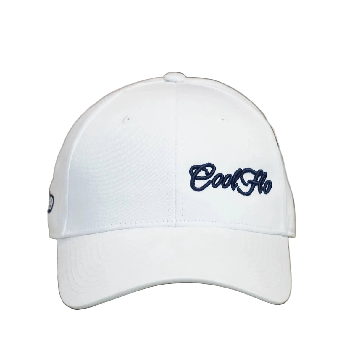 Front view of a Cool Flo White baseball cap featuring an embroidered Mini Script logo positioned on the front left panel