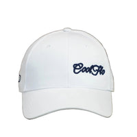 Front view of a Cool Flo White baseball cap featuring an embroidered Mini Script logo positioned on the front left panel