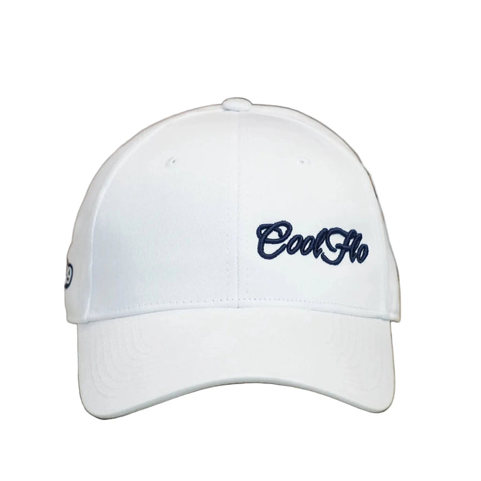 Front view of a Cool Flo White baseball cap featuring an embroidered Mini Script logo positioned on the front left panel