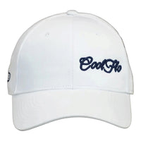 Front view of a Cool Flo White baseball cap featuring an embroidered Mini Script logo positioned on the front left panel