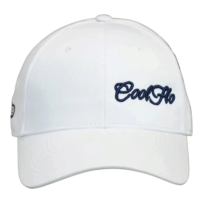Front view of a Cool Flo White baseball cap featuring an embroidered Mini Script logo positioned on the front left panel