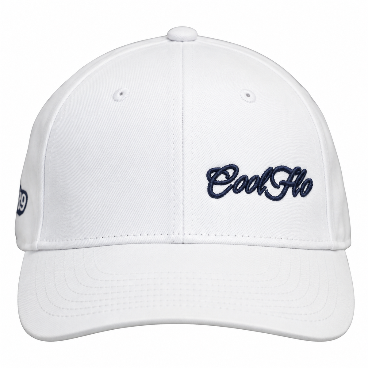 Front view of a Cool Flo White baseball cap featuring an embroidered Mini Script logo positioned on the front left panel.