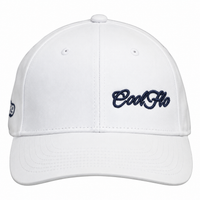 Front view of a Cool Flo White baseball cap featuring an embroidered Mini Script logo positioned on the front left panel.
